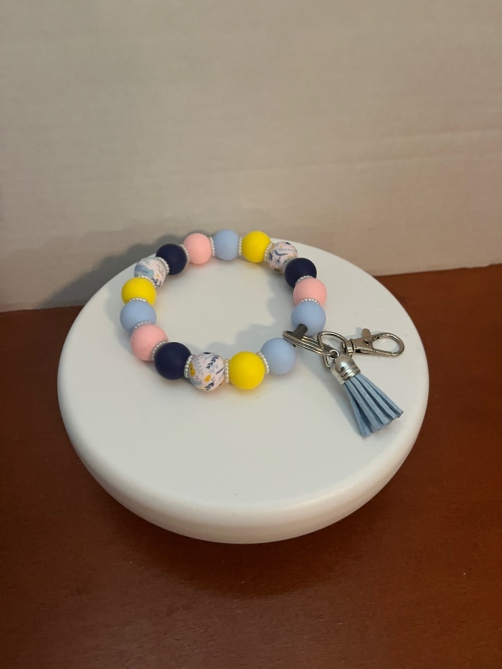 Beaded Wristlet Keychain with Tassel - Pastel Blue, Pink & Yellow